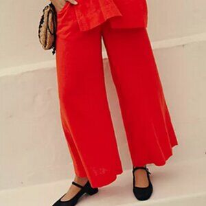 Free People Sightseer Linen High Rise Wide Leg Madarin Red Pants M